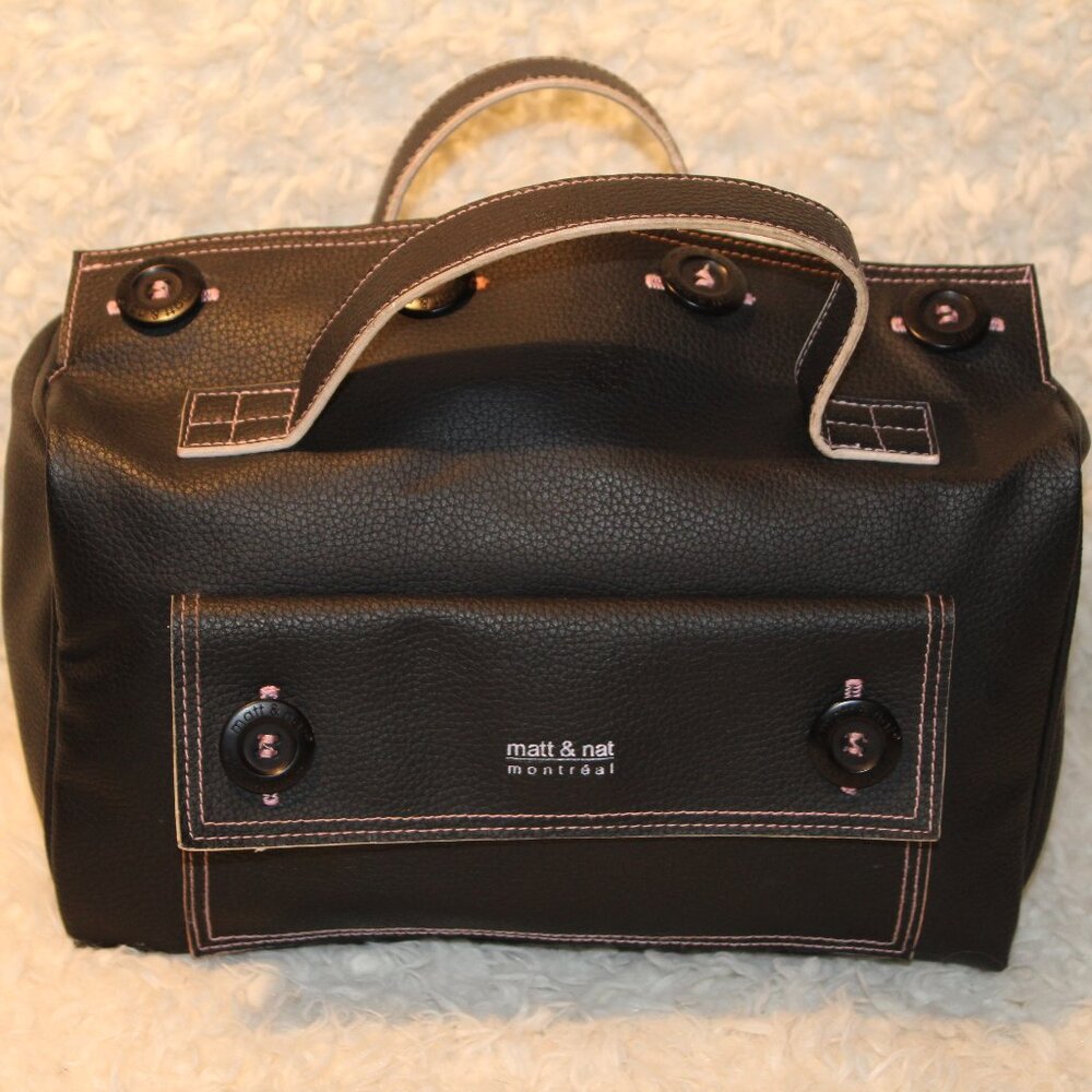 matt & nat Montreal Black Faux Leather Bowler Bag Handbag Pink details VEGAN